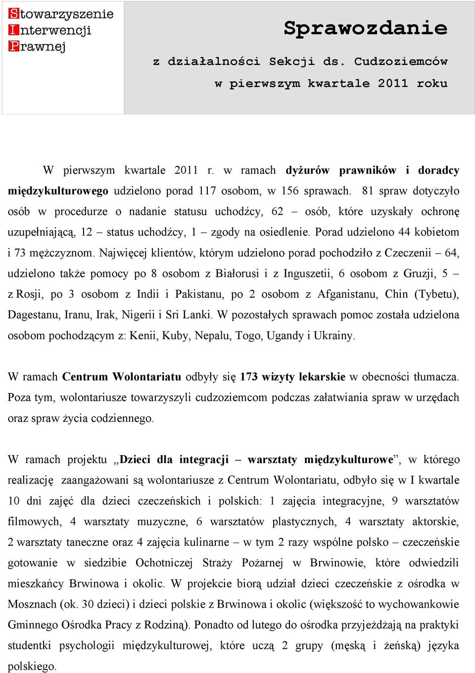 81 spraw dotyczyło osób w procedurze o nadanie statusu uchodźcy, 62 osób, które uzyskały ochronę uzupełniającą, 12 status uchodźcy, 1 zgody na osiedlenie. Porad udzielono 44 kobietom i 73 mężczyznom.