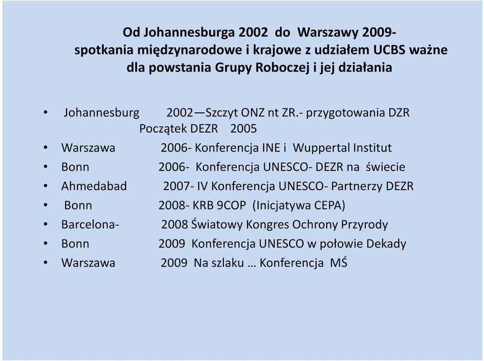-przygotowania DZR Początek DEZR 2005 Warszawa 2006- Konferencja INE i Wuppertal Institut Bonn 2006- Konferencja UNESCO- DEZR na
