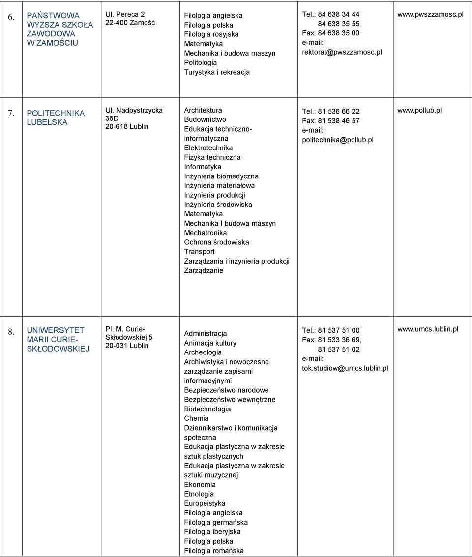 Nadbystrzycka 38D 20-618 Lublin Architektura Edukacja technicznoinformatyczna Elektrotechnika Fizyka techniczna Inżynieria biomedyczna Inżynieria materiałowa Inżynieria produkcji Inżynieria