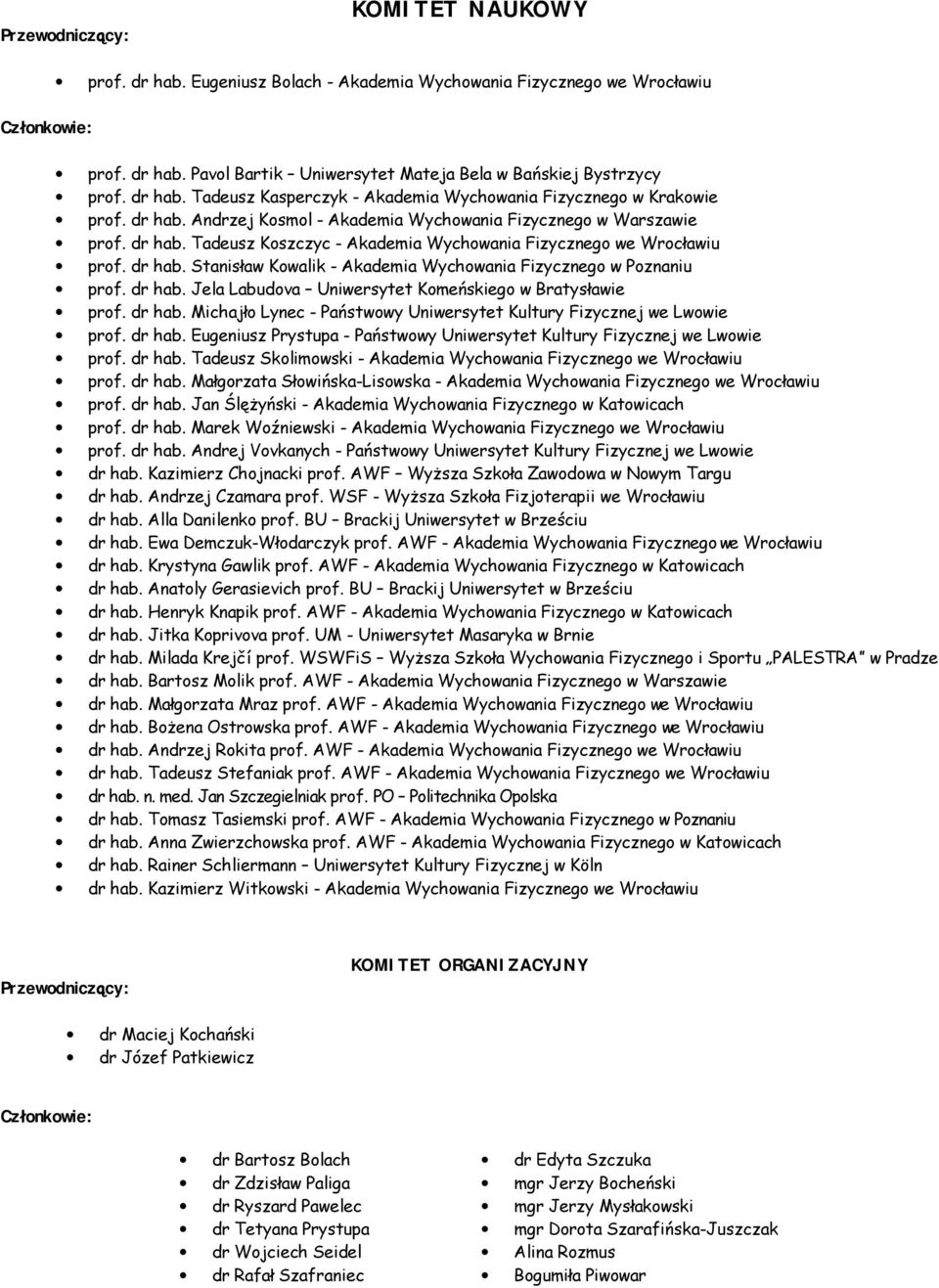 dr hab. Stanisław Kowalik - Akademia Wychowania Fizycznego w Poznaniu prof. dr hab. Jela Labudova Uniwersytet Komeńskiego w Bratysławie prof. dr hab. Michajło Lynec - Państwowy Uniwersytet Kultury Fizycznej we Lwowie prof.