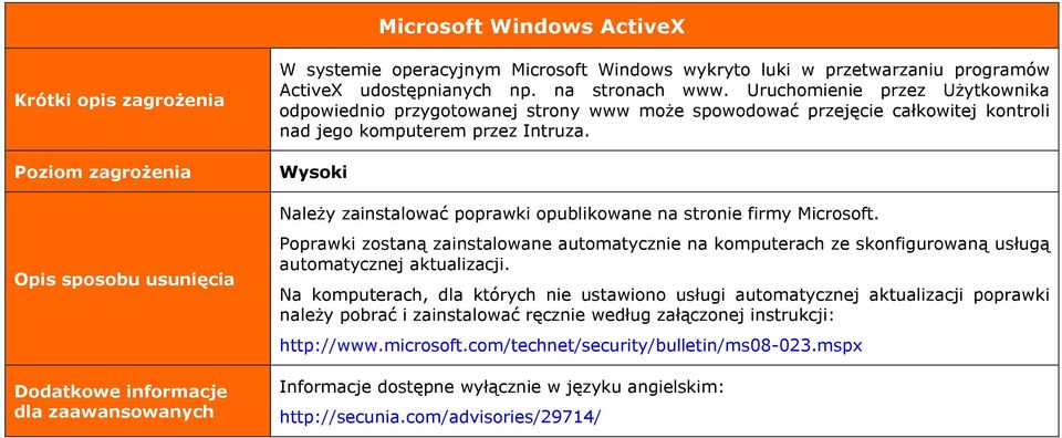 NaleŜy zainstalować poprawki opublikowane na stronie firmy Microsoft.