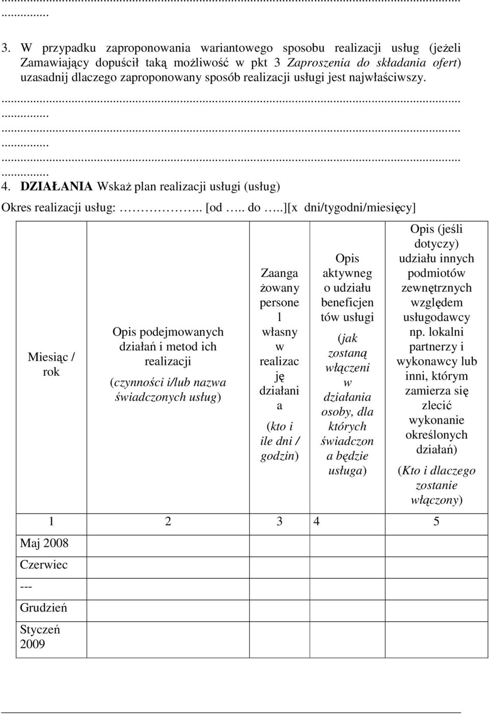 usługi jest najwłaściwszy.......... 4. DZIAŁANIA WskaŜ plan realizacji usługi (usług) Okres realizacji usług:.. [od.. do.