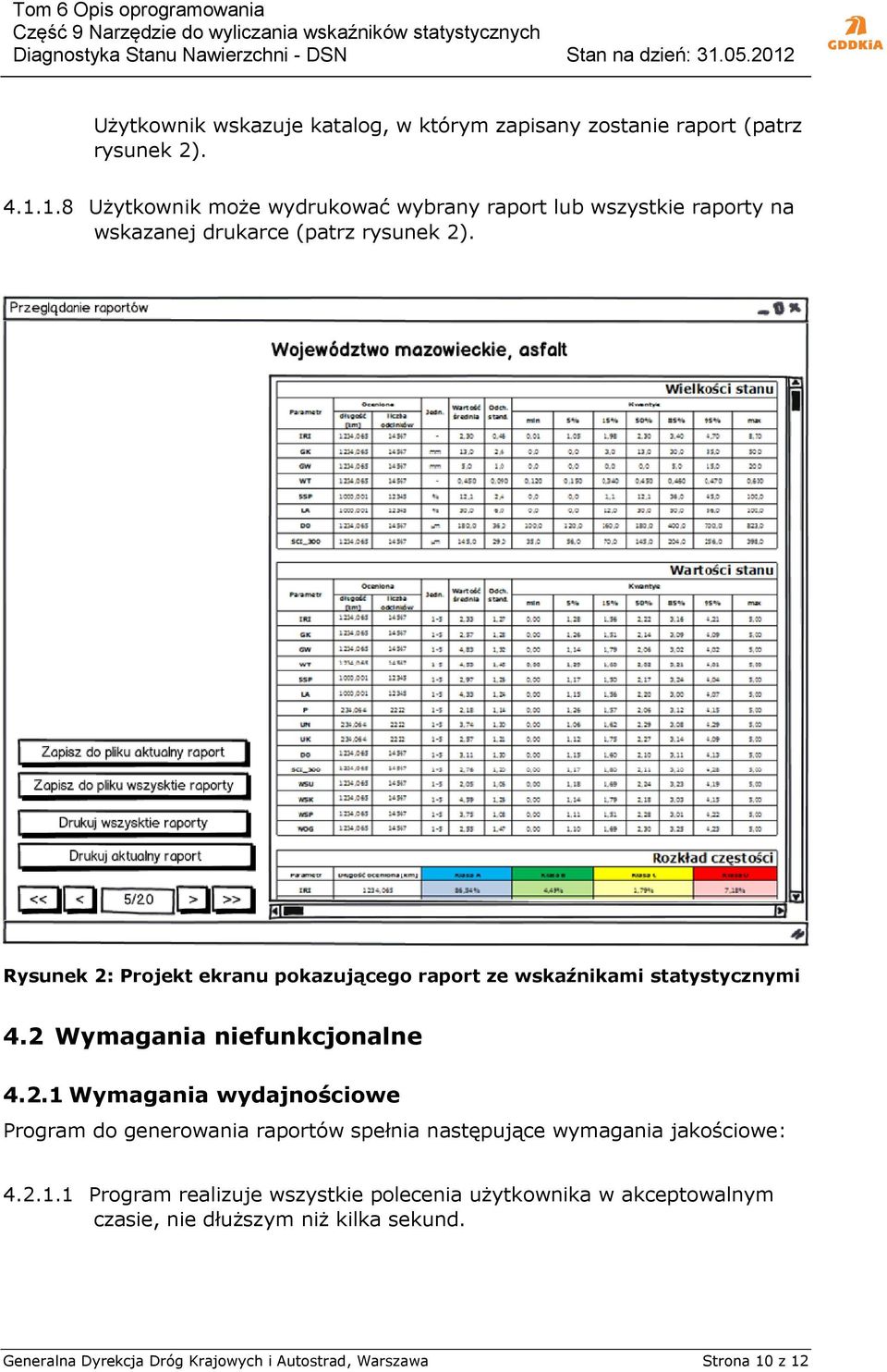 Rysunek 2: Projekt ekranu pokazującego raport ze wskaźnikami statystycznymi 4.2 Wymagania niefunkcjonalne 4.2.1 Wymagania wydajnościowe Program do generowania raportów spełnia następujące wymagania jakościowe: 4.