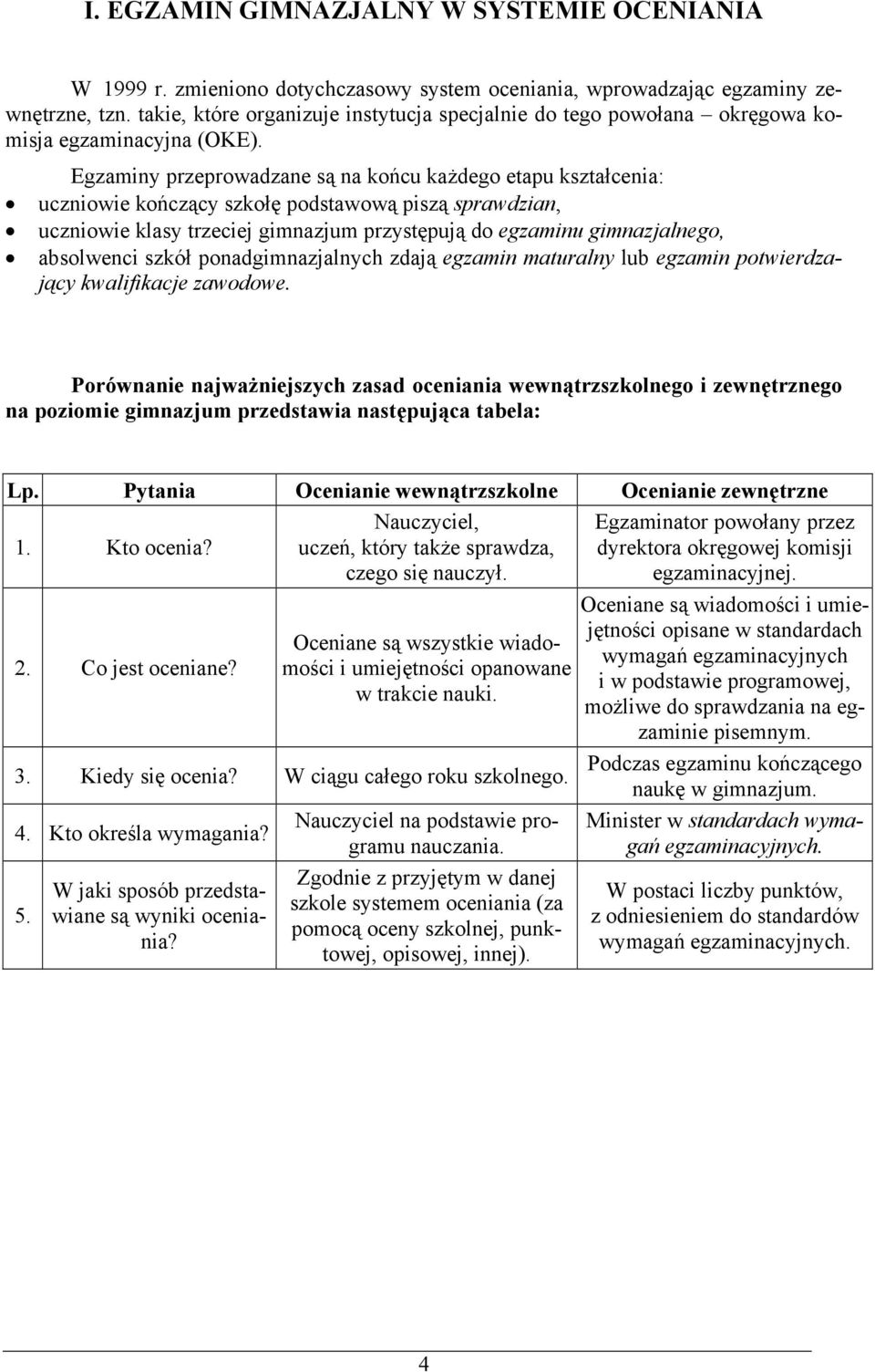 Egzaminy przeprowadzane są na końcu każdego etapu kształcenia: uczniowie kończący szkołę podstawową piszą sprawdzian, uczniowie klasy trzeciej gimnazjum przystępują do egzaminu gimnazjalnego,