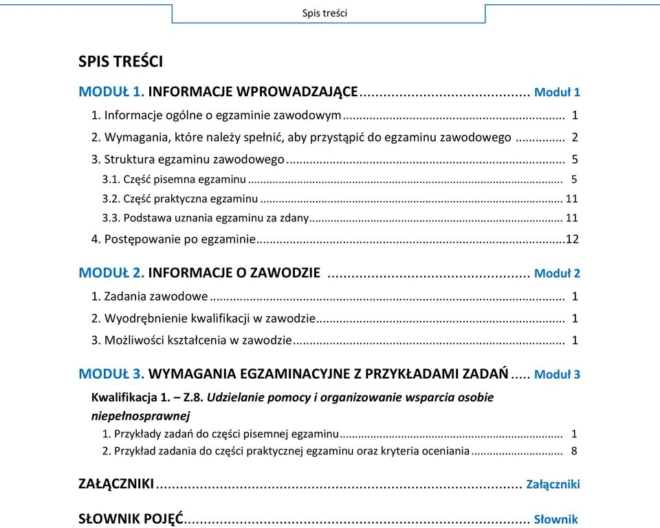 INFORMACJE O ZAWODZIE... Moduł 2 1. Zadania zawodowe... 1 2. Wyodrębnienie kwalifikacji w zawodzie... 1 3. Możliwości kształcenia w zawodzie... 1 MODUŁ 3. WYMAGANIA EGZAMINACYJNE Z PRZYKŁADAMI ZADAŃ.