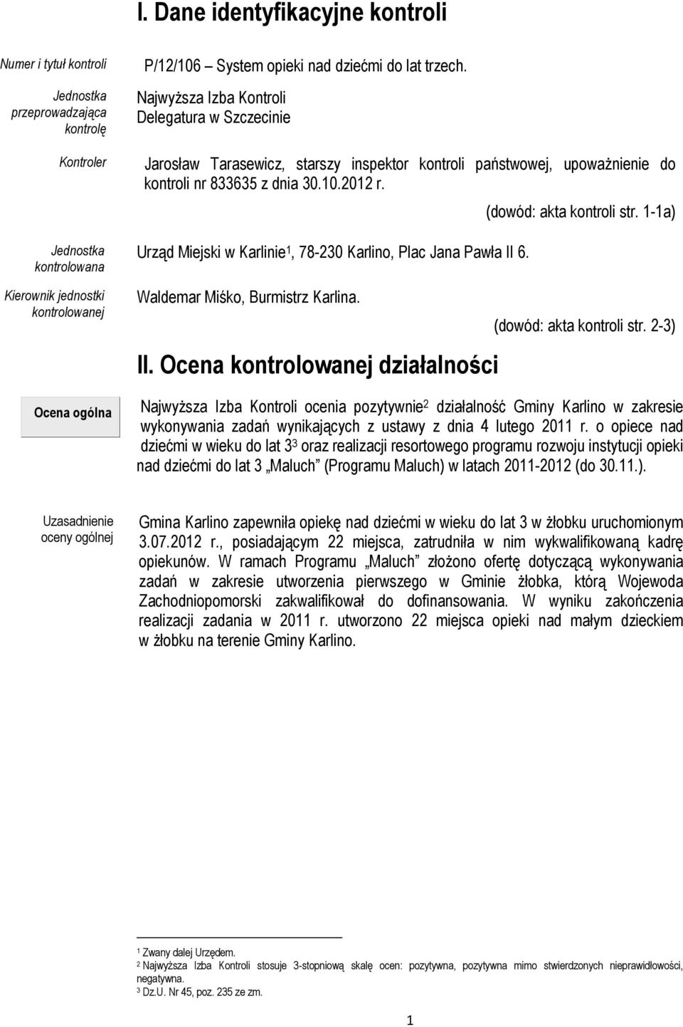 Urząd Miejski w Karlinie 1, 78-230 Karlino, Plac Jana Pawła II 6. Waldemar Miśko, Burmistrz Karlina. II. Ocena kontrolowanej działalności (dowód: akta kontroli str. 1-1a) (dowód: akta kontroli str.