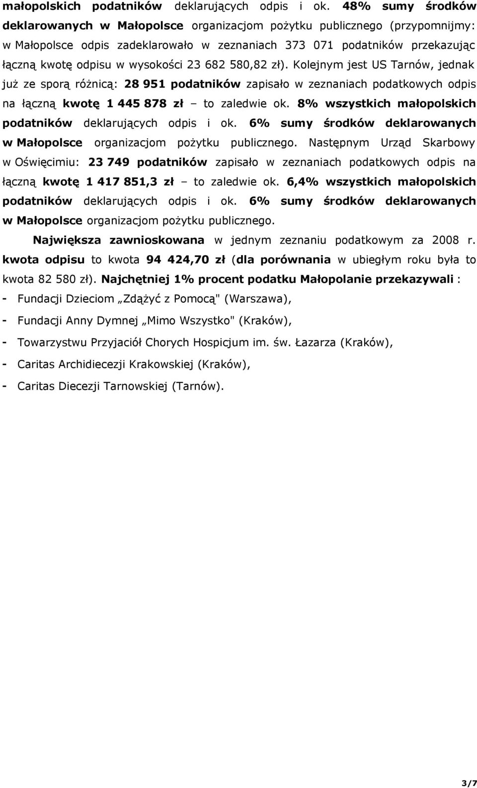 wysokości 23 682 580,82 zł). Kolejnym jest US Tarnów, jednak już ze sporą różnicą: 28 951 podatników zapisało w zeznaniach podatkowych odpis na łączną kwotę 1 445 878 zł to zaledwie ok.