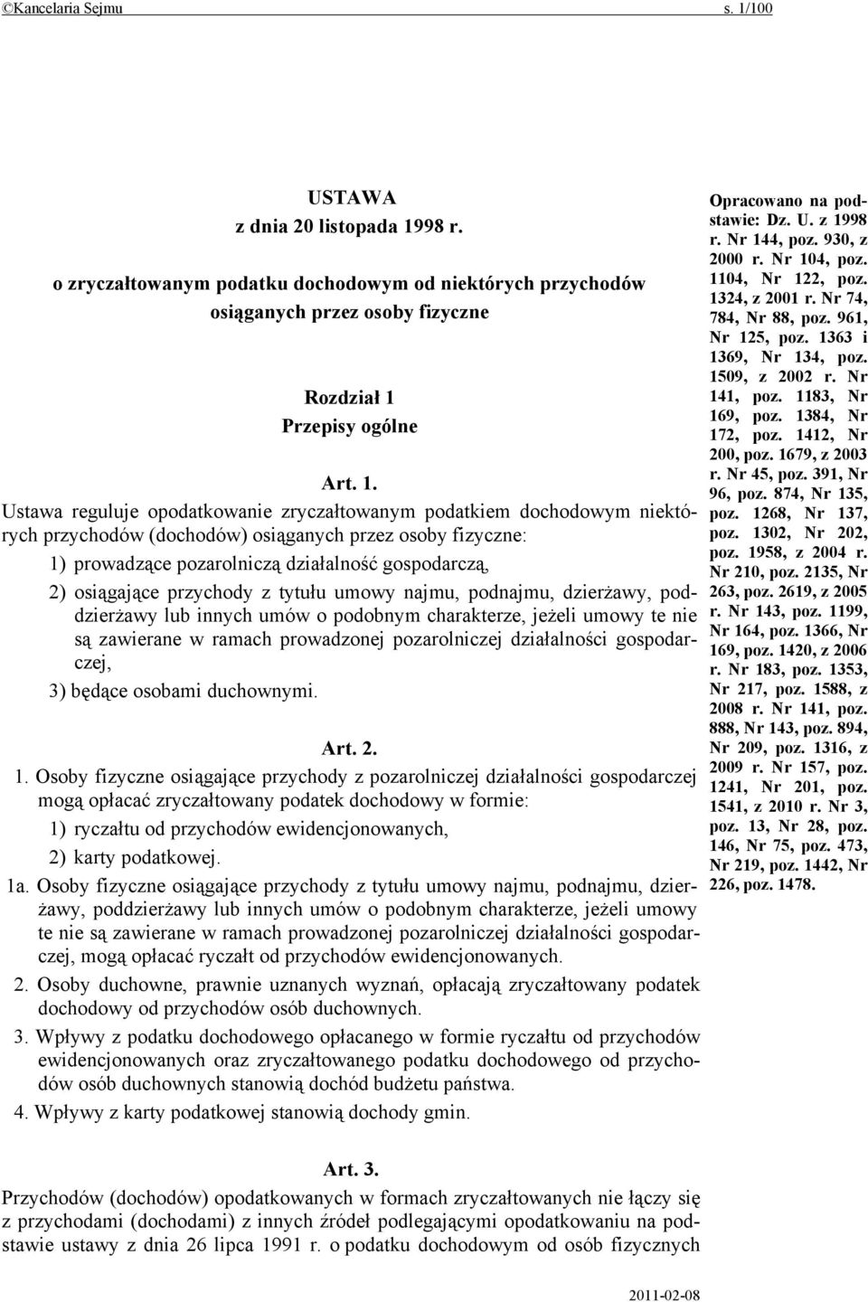 98 r. o zryczałtowanym podatku dochodowym od niektórych przychodów osiąganych przez osoby fizyczne Rozdział 1 