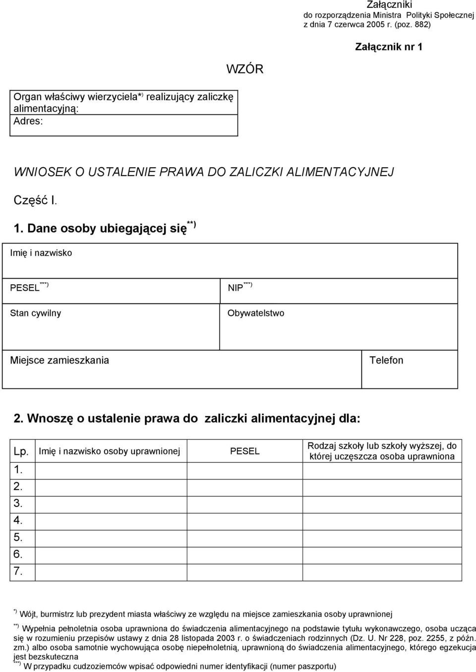 Dane wnioskodawcy PESEL ***) NIP ***) Stan cywilny Obywatelstwo Miejsce zamieszkania Telefon 2. Wnoszę o ustalenie prawa do zaliczki alimentacyjnej dla: Lp. Imię i nazwisko osoby uprawnionej PESEL 1.