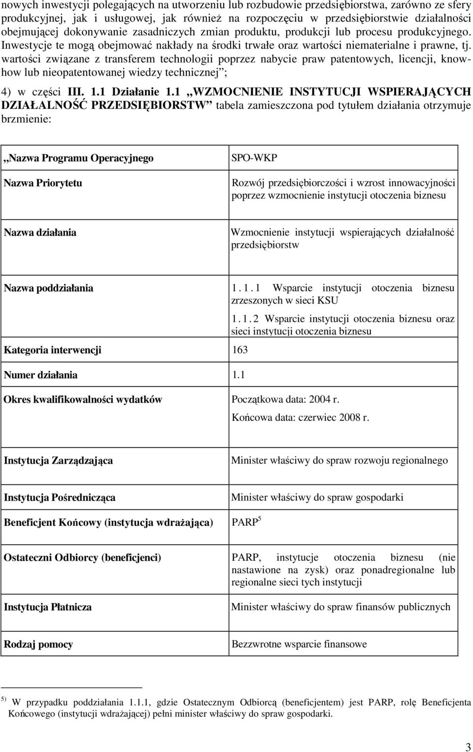 wartości związane z transferem technologii poprzez nabycie praw patentowych, licencji, knowhow lub nieopatentowanej wiedzy technicznej ; 4) w części III. 1.1 Działanie 1.