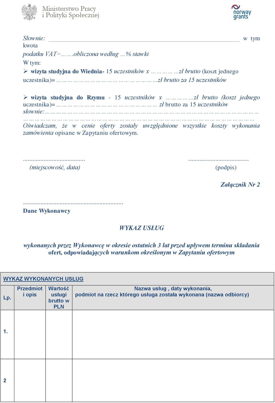 (koszt jednego uczestnika)= zł brutto za 15 uczestników słownie: Oświadczam, że w cenie oferty zostały uwzględnione wszystkie koszty wykonania zamówienia opisane w Zapytaniu ofertowym.