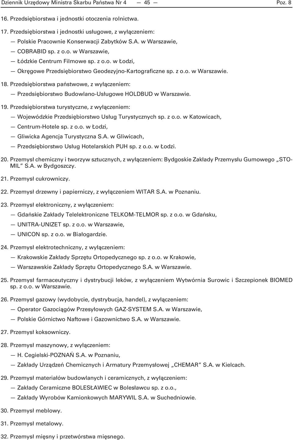 z o.o. w Warszawie. 18. Przedsiębiorstwa państwowe, z wyłączeniem: Przedsiębiorstwo Budowlano-Usługowe HOLDBUD w Warszawie. 19.