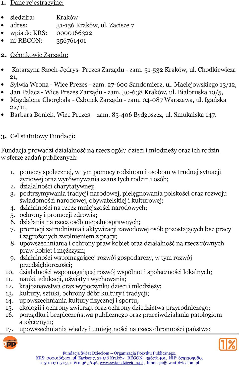 Białoruska 10/5, Magdalena Chorębała - Członek Zarządu - zam. 04-087 Warszawa, ul. Igańska 22/11, Barbara Boniek, Wice Prezes zam. 85-406 Bydgoszcz, ul. Smukalska 147. 3.