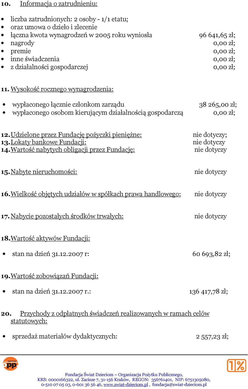 Udzielone przez Fundację pożyczki pieniężne: nie dotyczy; 13. Lokaty bankowe Fundacji: nie dotyczy 14. Wartość nabytych obligacji przez Fundację: nie dotyczy 15. Nabyte nieruchomości: nie dotyczy 16.