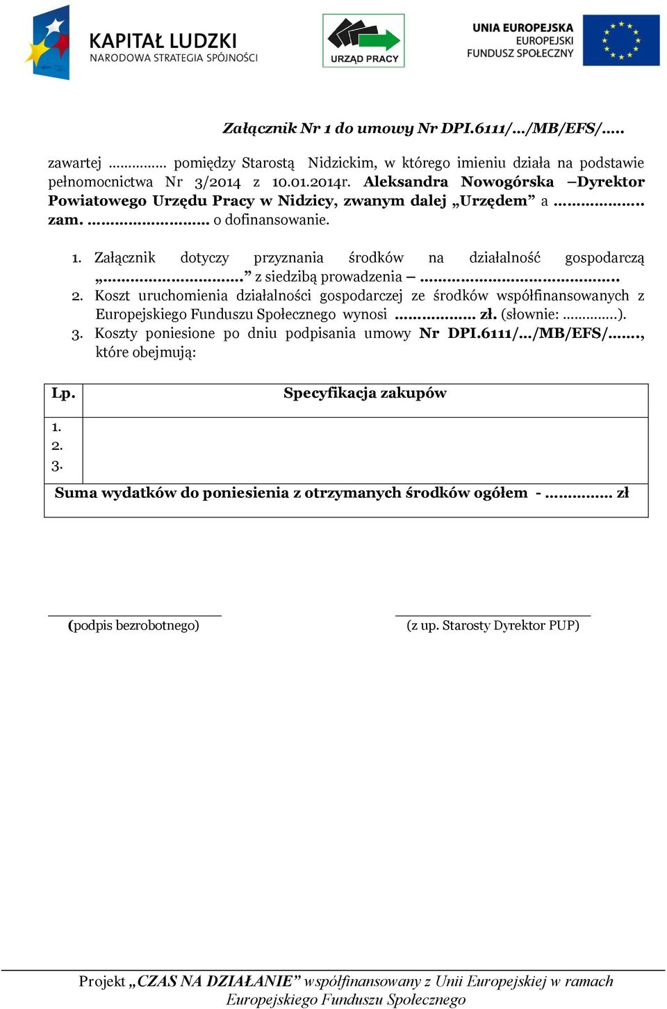 z siedzibą prowadzenia.. 2. Koszt uruchomienia działalności gospodarczej ze środków współfinansowanych z Europejskiego Funduszu Społecznego wynosi zł. (słownie:..). 3.