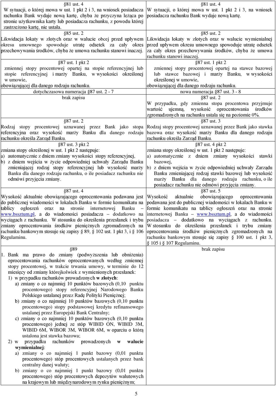 85 ust. 2 Likwidacja lokaty w złotych oraz w walucie obcej przed upływem okresu umownego spowoduje utratę odsetek za cały okres przechowywania środków, chyba że umowa rachunku stanowi inaczej. 87 ust.