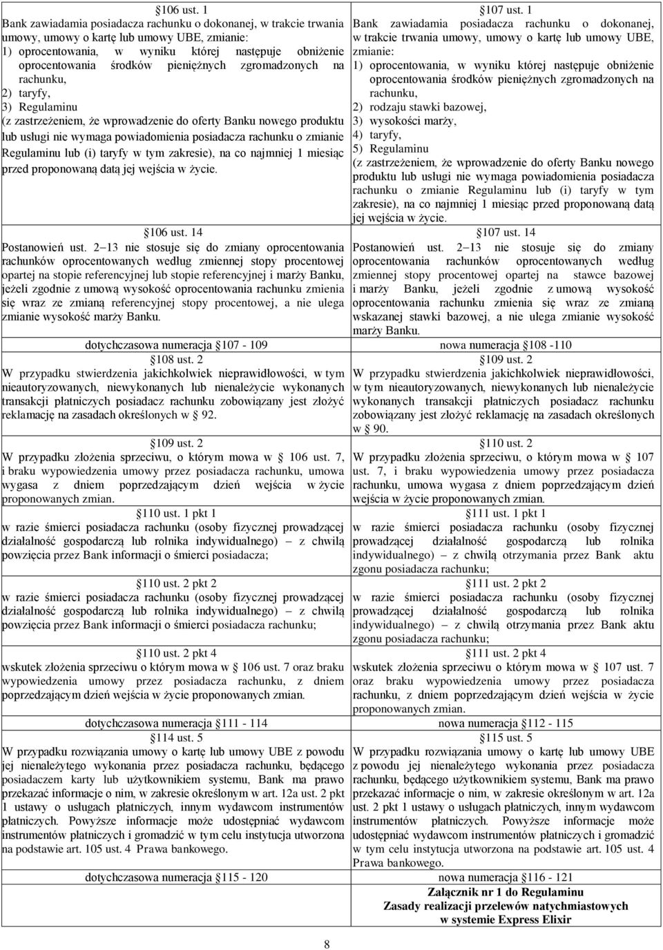 pieniężnych zgromadzonych na rachunku, 2) taryfy, 3) Regulaminu (z zastrzeżeniem, że wprowadzenie do oferty Banku nowego produktu lub usługi nie wymaga powiadomienia posiadacza rachunku o zmianie