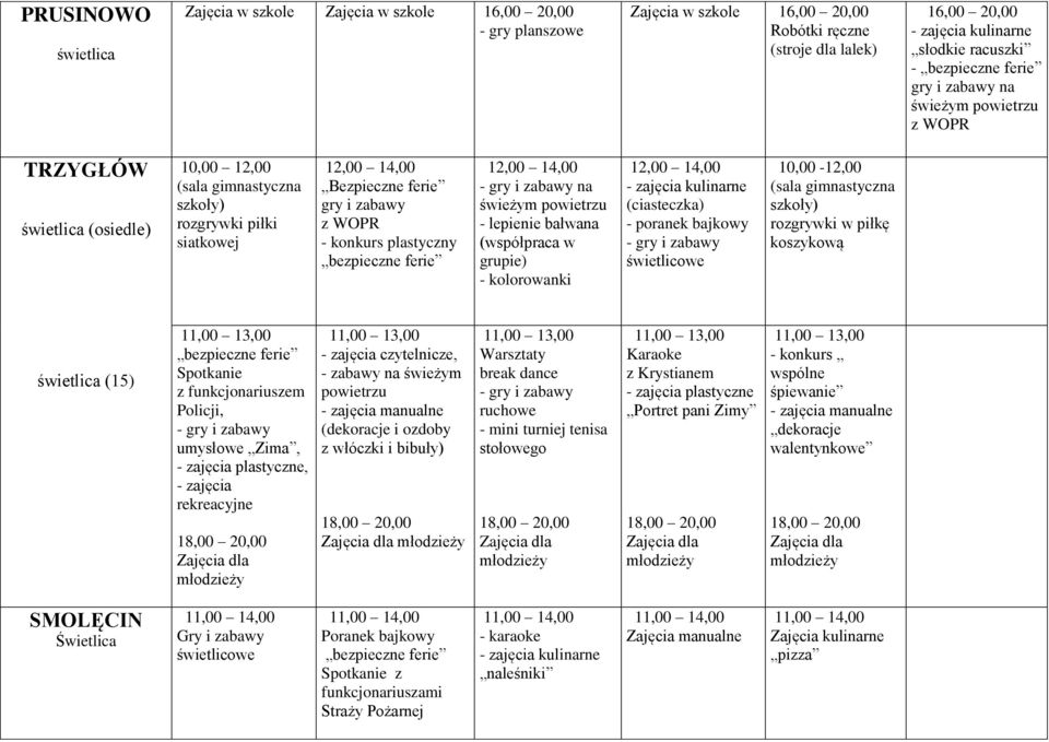 10,00-12,00 (sala gimnastyczna szkoły) rozgrywki w piłkę koszykową (15), umysłowe Zima,, rekreacyjne czytelnicze, - zabawy na świeżym powietrzu manualne (dekoracje i ozdoby z włóczki i bibuły)