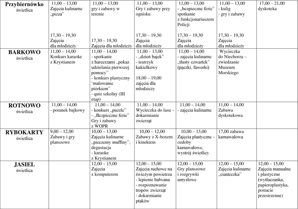 18,00 19,00 zajęcia dla Wycieczka do lasu dokarmianie zwierząt Zabawy z X-boxem i kinektem ruchowe na świeżym powietrzu - lepienie bałwana - rozpoznawanie tropów zwierząt - dokarmianie ptaków dla