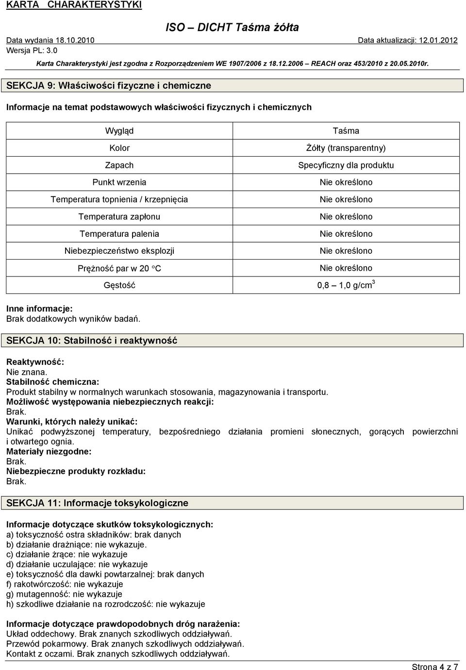 SEKCJA 10: Stabilność i reaktywność Gęstość 0,8 1,0 g/cm 3 Reaktywność: Nie znana. Stabilność chemiczna: Produkt stabilny w normalnych warunkach stosowania, magazynowania i transportu.