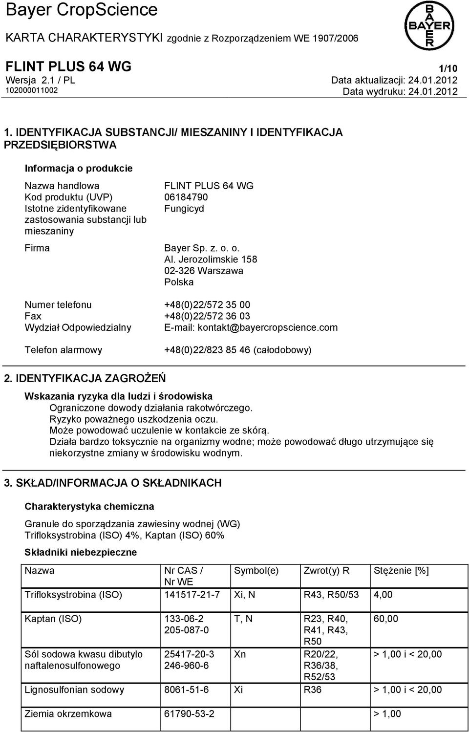 substancji lub mieszaniny Firma Bayer Sp. z. o. o. Al.