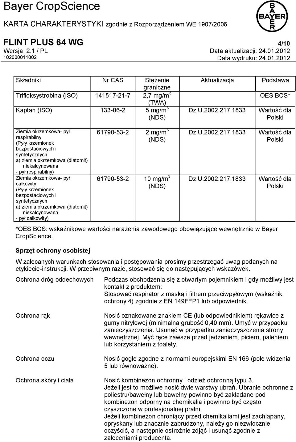 Ziemia okrzemkowa- pył całkowity (Pyły krzemionek bezpostaciowych i syntetycznych a) ziemia okrzemkowa (diatomit) niekalcynowana - pył całkowity) 61790-53-2 2 mg/m 3 (NDS) 61790-53-2 10 mg/m 3 (NDS)