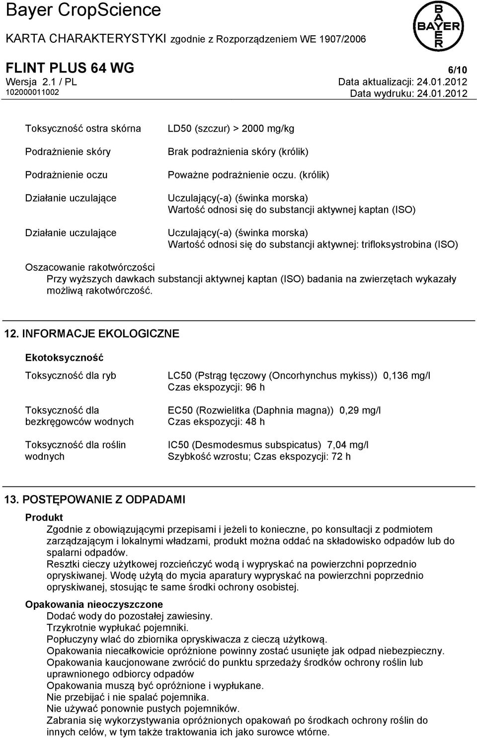 (królik) Uczulający(-a) (świnka morska) Wartość odnosi się do substancji aktywnej kaptan (ISO) Uczulający(-a) (świnka morska) Wartość odnosi się do substancji aktywnej: trifloksystrobina (ISO)