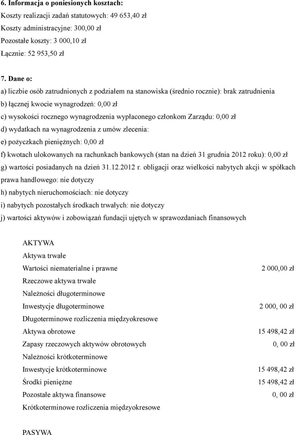 Zarzadu: 0,00 zł d) wydatkach na wynagrodzenia z umów zlecenia: e) pozyczkach pienie znych: 0,00 zł f) kwotach ulokowanych na rachunkach bankowych (stan na dzien 31 grudnia 2012 roku): 0,00 zł g)