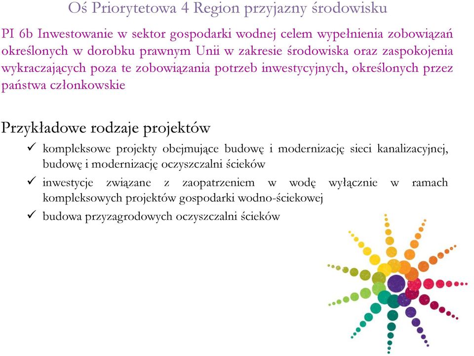 członkowskie Przykładowe rodzaje projektów kompleksowe projekty obejmujące budowę i modernizację sieci kanalizacyjnej, budowę i modernizację