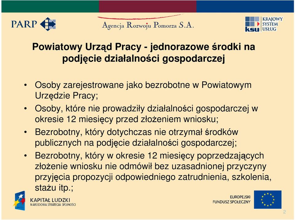 który dotychczas nie otrzymałśrodków publicznych na podjęcie działalności gospodarczej; Bezrobotny, który w okresie 12 miesięcy