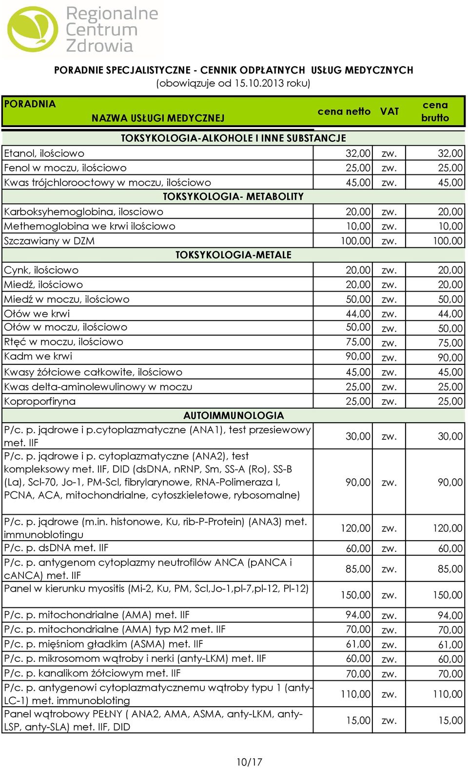 100,00 TOKSYKOLOGIA-METALE Cynk, ilościowo 20,00 zw. 20,00 Miedź, ilościowo 20,00 zw. 20,00 Miedź w moczu, ilościowo 50,00 zw. 50,00 Ołów we krwi 44,00 zw. 44,00 Ołów w moczu, ilościowo 50,00 zw.