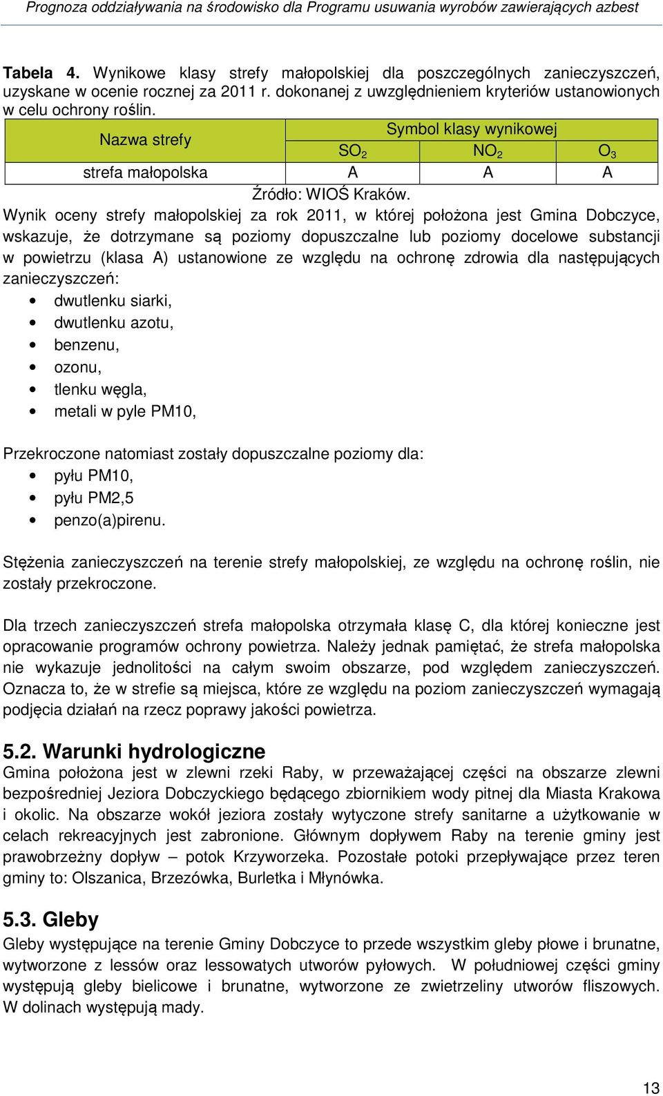 Wynik oceny strefy małopolskiej za rok 2011, w której położona jest Gmina Dobczyce, wskazuje, że dotrzymane są poziomy dopuszczalne lub poziomy docelowe substancji w powietrzu (klasa A) ustanowione