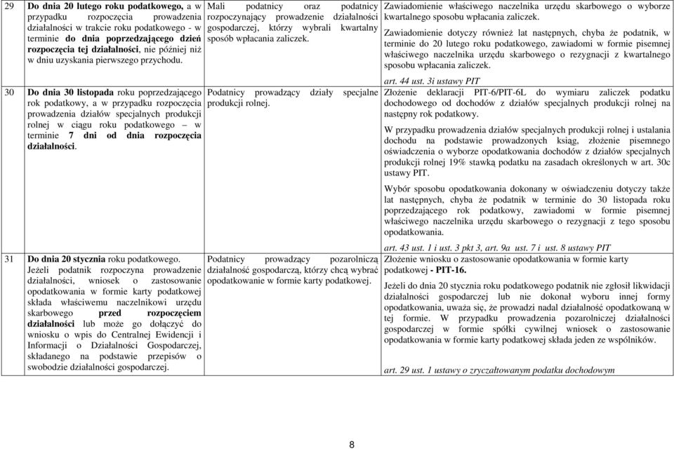 30 Do dnia 30 listopada roku poprzedzającego rok podatkowy, a w przypadku rozpoczęcia prowadzenia działów specjalnych produkcji rolnej w ciągu roku podatkowego w terminie 7 dni od dnia rozpoczęcia