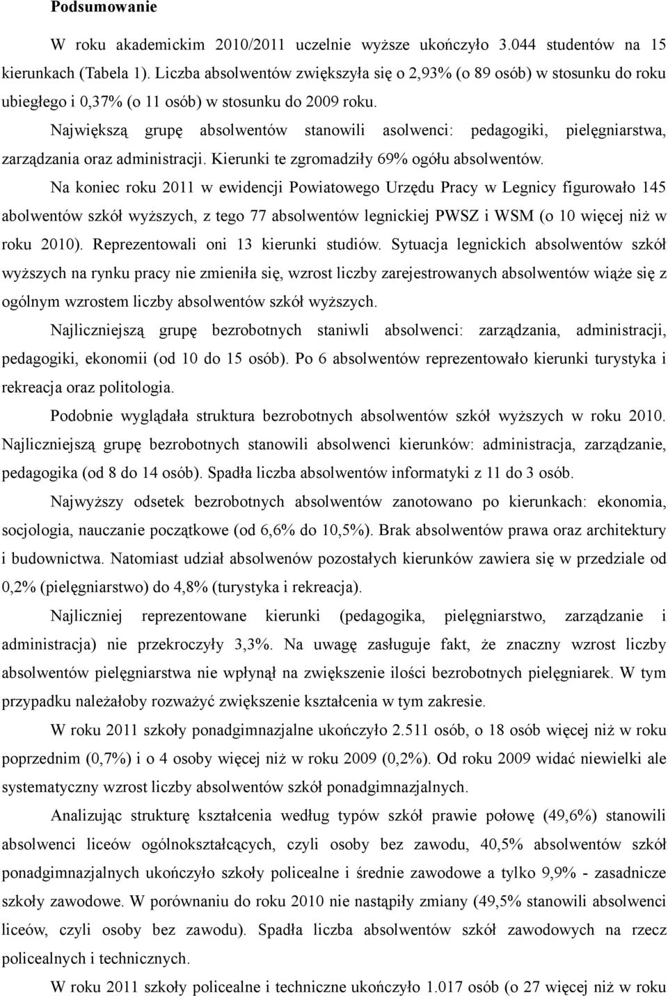 Największą grupę absolwentów stanowili asolwenci: pedagogiki, pielęgniarstwa, zarządzania oraz administracji. Kierunki te zgromadziły 69% ogółu absolwentów.