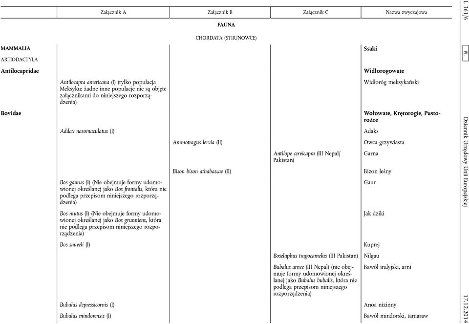 grunniens, która nie podlega przepisom niniejszego rozporządzenia) Bos sauveli (I) Bubalus depressicornis (I) Bubalus mindorensis (I) FAUNA CHORDATA (STRUNOWCE) Ammotragus lervia (II) Bison bison