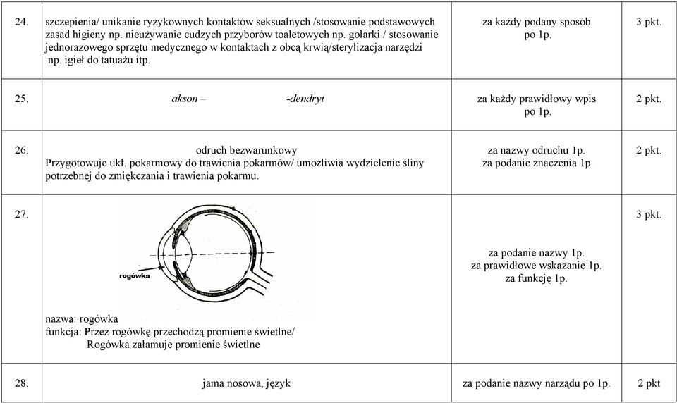 akson -dendryt za każdy prawidłowy wpis po 1p. 26. odruch bezwarunkowy Przygotowuje ukł. pokarmowy do trawienia pokarmów/ umożliwia wydzielenie śliny potrzebnej do zmiękczania i trawienia pokarmu.