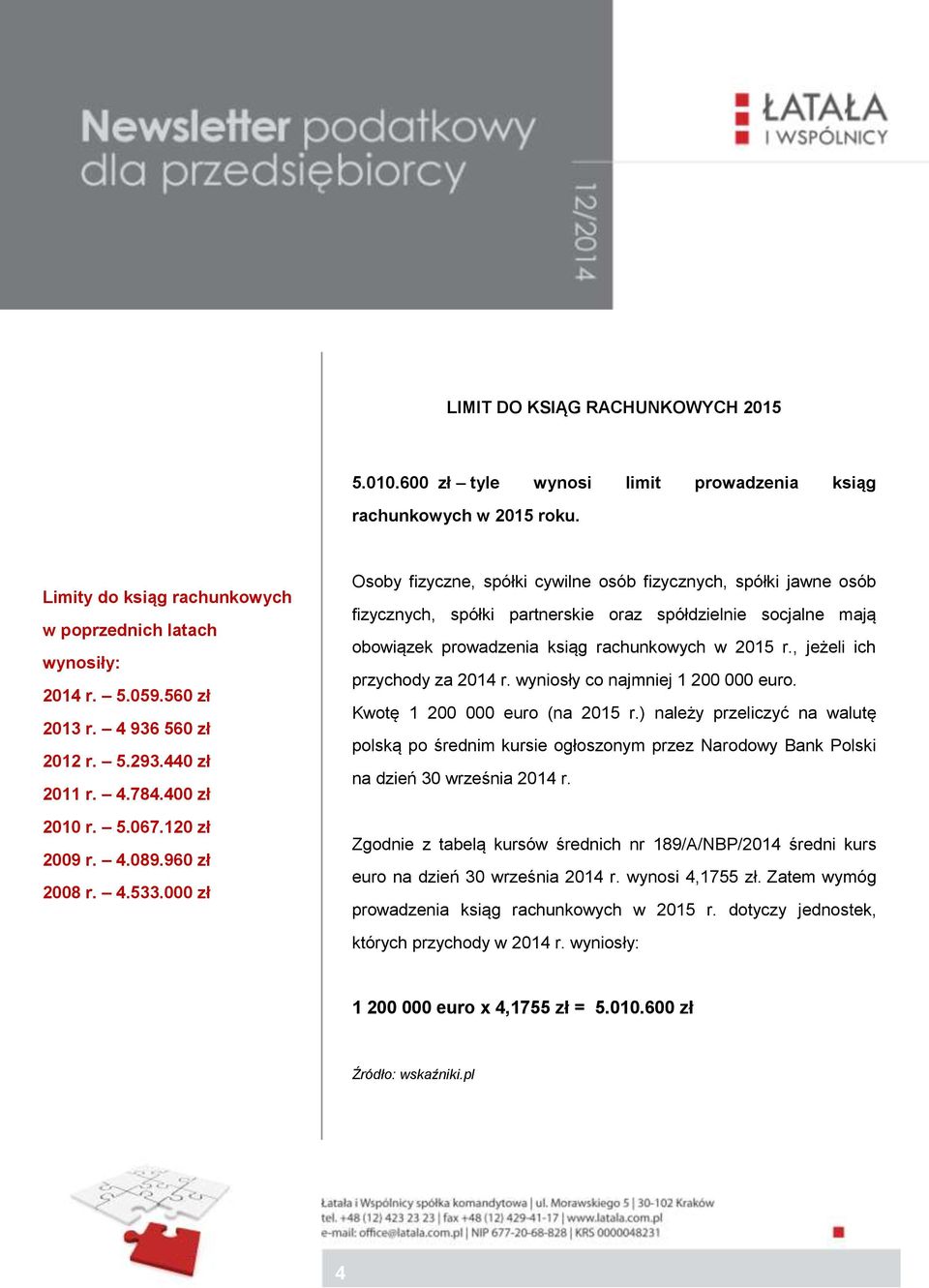 000 zł Osoby fizyczne, spółki cywilne osób fizycznych, spółki jawne osób fizycznych, spółki partnerskie oraz spółdzielnie socjalne mają obowiązek prowadzenia ksiąg rachunkowych w 2015 r.