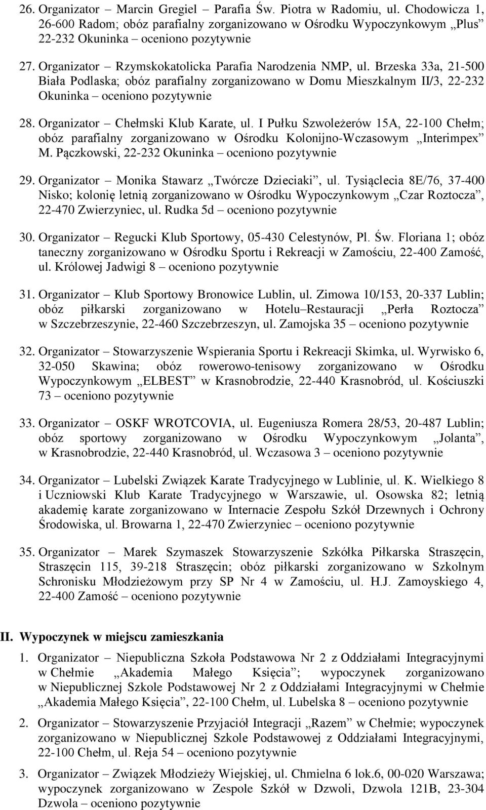 Organizator Chełmski Klub Karate, ul. I Pułku Szwoleżerów 15A, 22-100 Chełm; obóz parafialny zorganizowano w Ośrodku Kolonijno-Wczasowym Interimpex M.