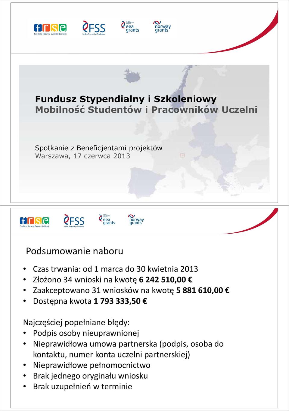 na kwotę 5881 610,00 Dostępna kwota 1793333,50 Najczęściej popełniane błędy: Podpis osoby nieuprawnionej Nieprawidłowa umowa partnerska