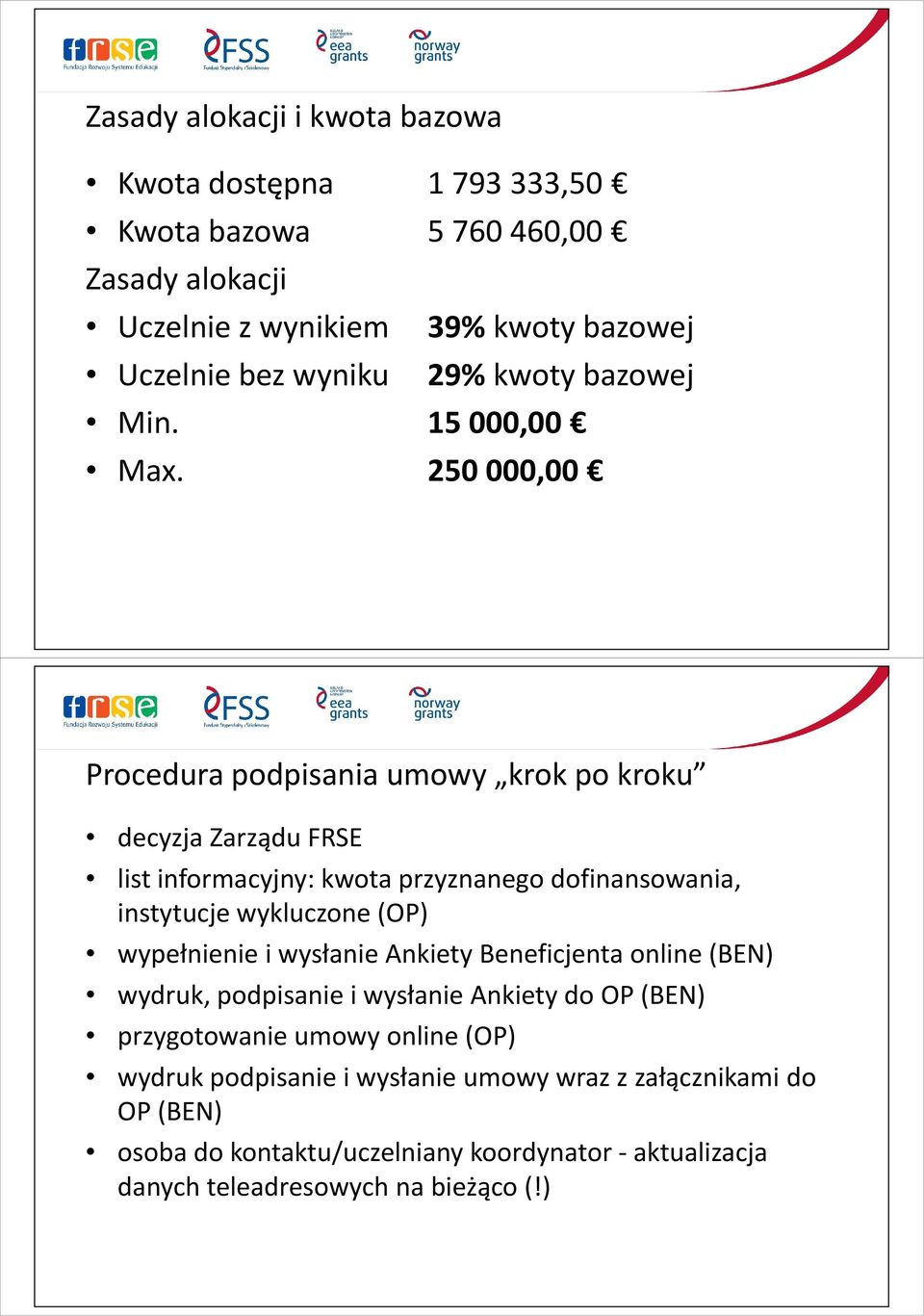 250 000,00 Procedura podpisania umowy krok po kroku decyzja Zarządu FRSE list informacyjny: kwota przyznanego dofinansowania, instytucje wykluczone (OP)