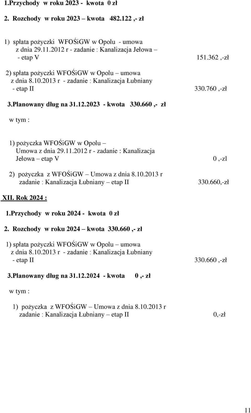 2013 r 0,-zl 330.660,-zł XII. Rok 2024 : 1.Przychody w roku 2024 - kwota 0 zł 2. Rozchody w roku 2024 kwota 330.