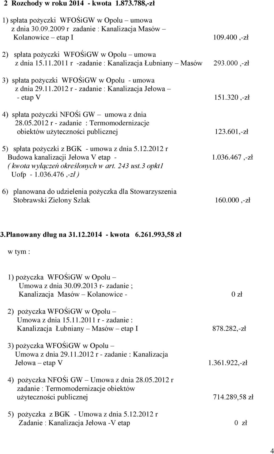 000,-zł 3) spłata pożyczki WFOŚiGW w Opolu - umowa 4) spłata pożyczki NFOŚi GW umowa z dnia obiektów 5) spłata pożyczki z BGK - umowa z dnia 5.12.