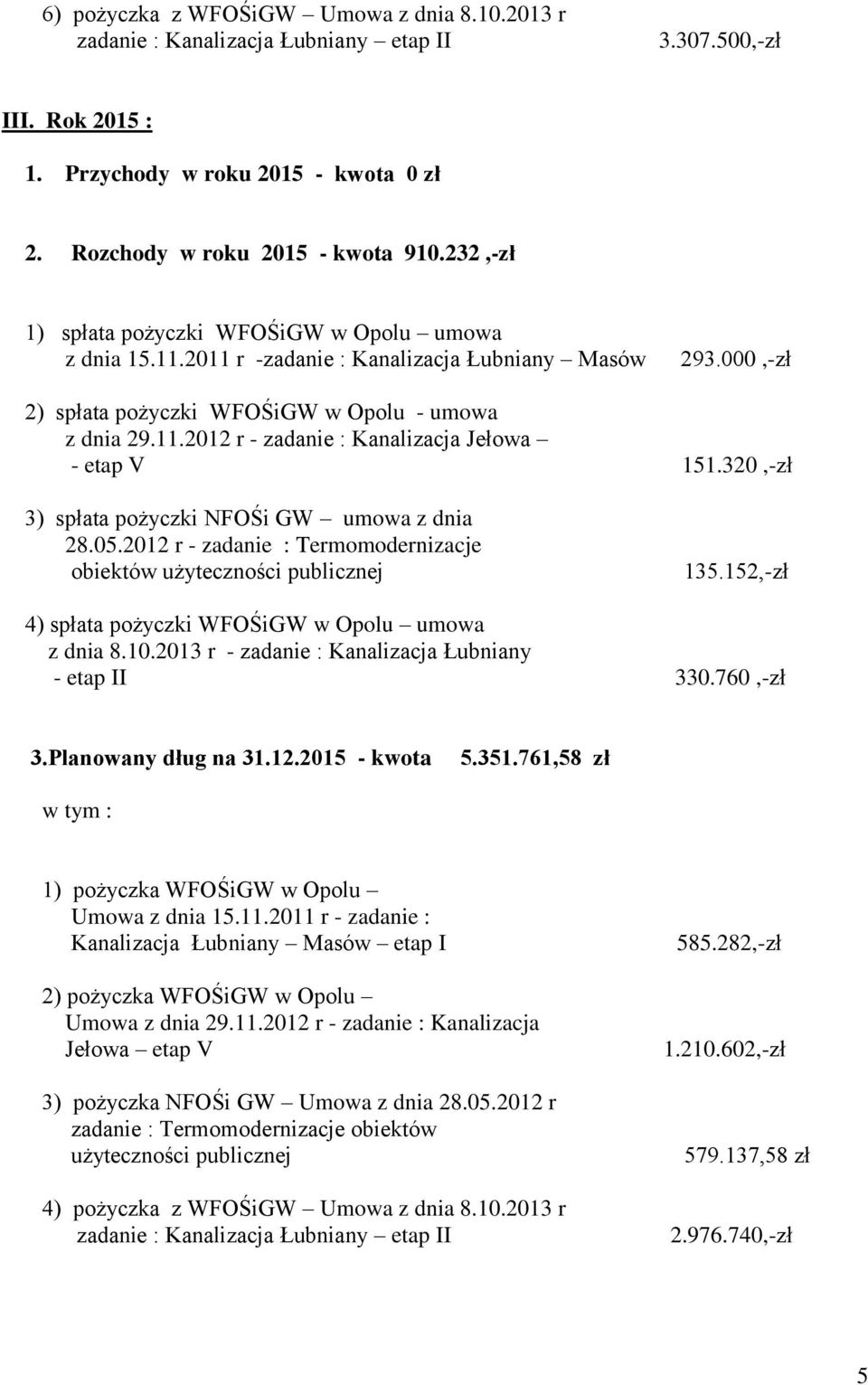 000,-zł 2) spłata pożyczki WFOŚiGW w Opolu - umowa 3) spłata pożyczki NFOŚi GW umowa z dnia obiektów 135.152,-zł 4) spłata pożyczki WFOŚiGW w Opolu umowa 3.Planowany dług na 31.12.