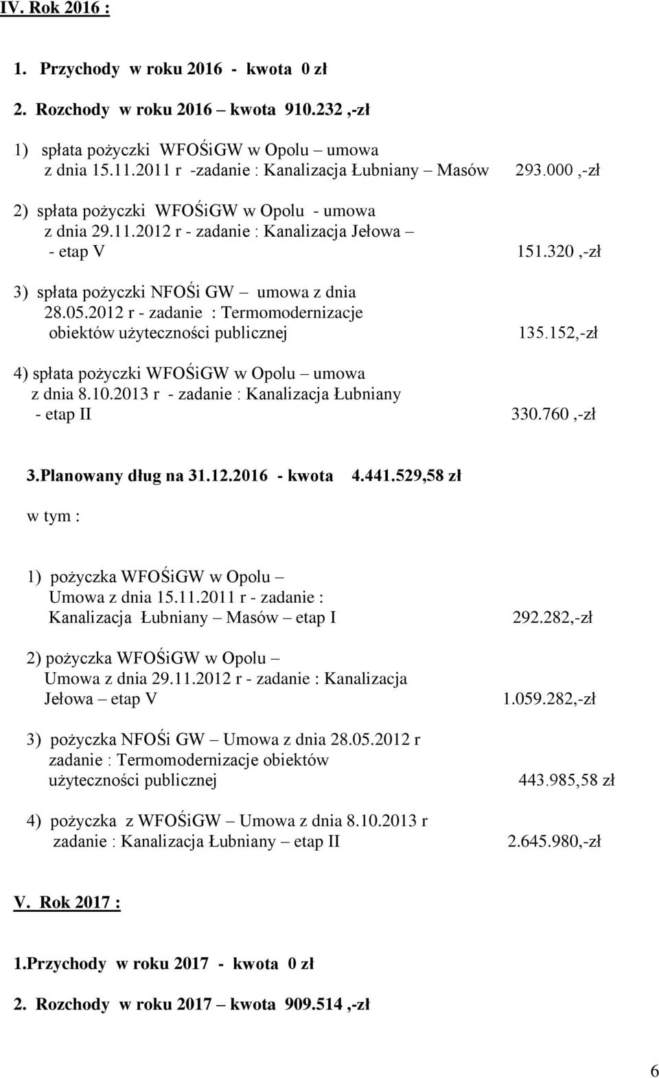 152,-zł 4) spłata pożyczki WFOŚiGW w Opolu umowa 3.Planowany dług na 31.12.2016 - kwota 4.441.529,58 zł Umowa z dnia 15.11.