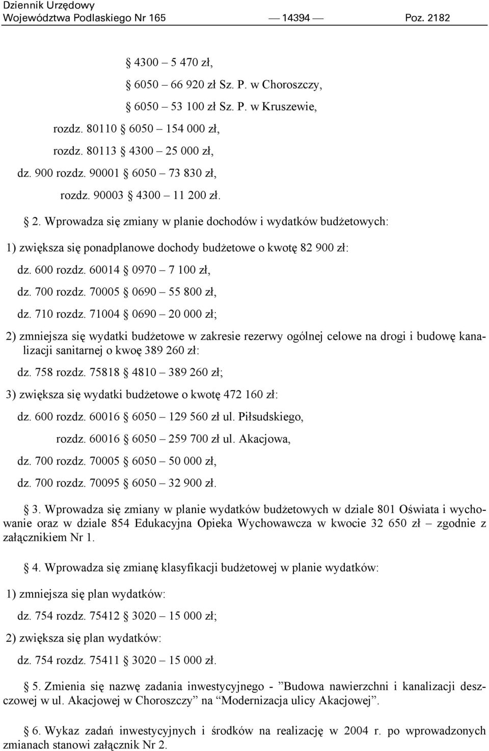 600 rozdz. 60014 0970 7 100 zł, dz. 700 rozdz. 70005 0690 55 800 zł, dz. 710 rozdz.