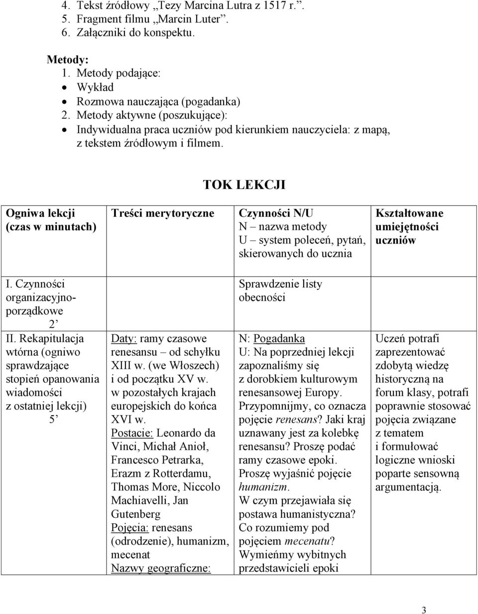 TOK LEKCJI Ogniwa lekcji (czas w minutach) Treści merytoryczne Czynności N/U N nazwa metody U system poleceń, pytań, skierowanych do ucznia Kształtowane umiejętności uczniów I.