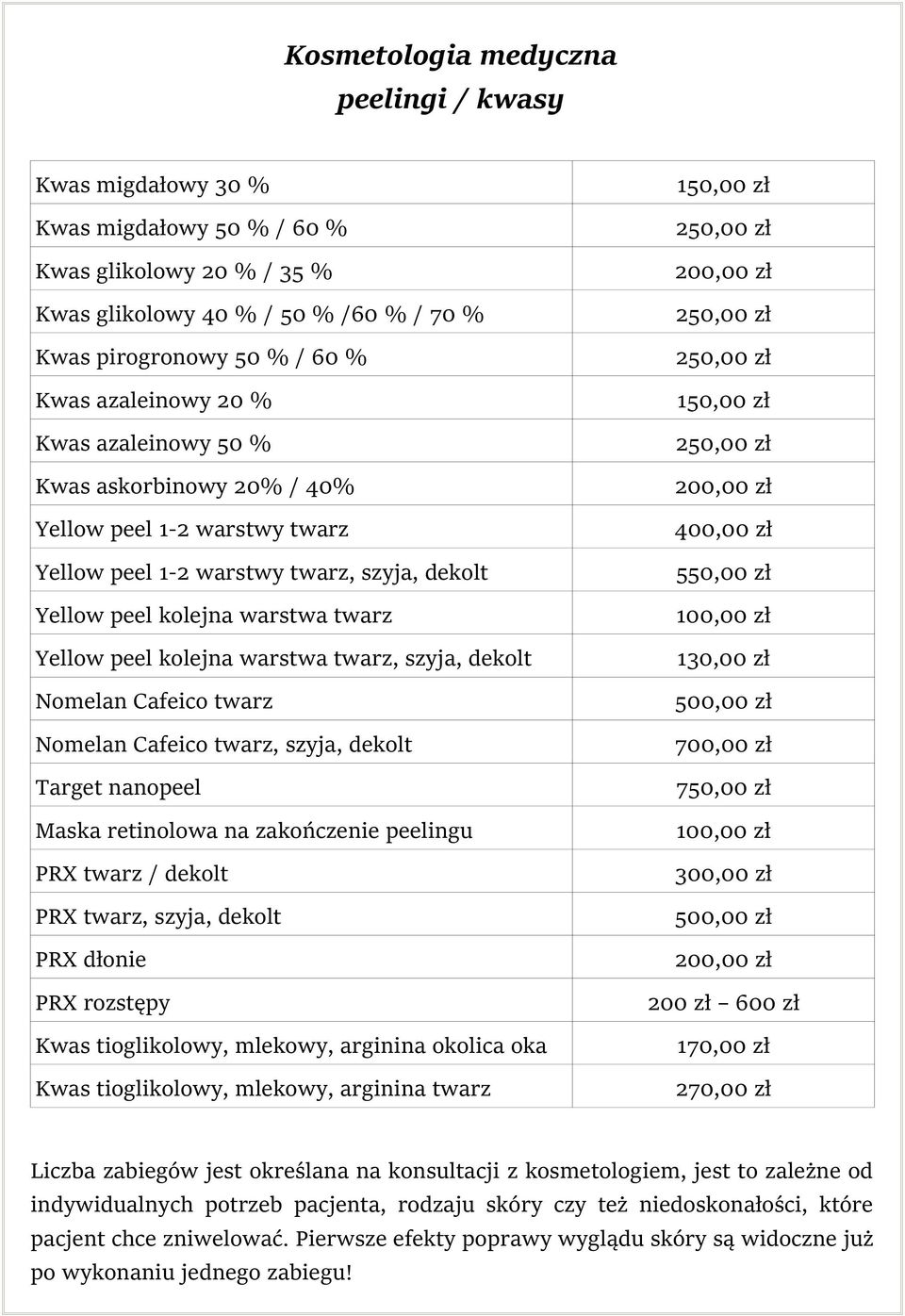 twarz, szyja, dekolt 550,00 zł Yellow peel kolejna warstwa twarz Yellow peel kolejna warstwa twarz, szyja, dekolt 130,00 zł Nomelan Cafeico twarz 500,00 zł Nomelan Cafeico twarz, szyja, dekolt 700,00