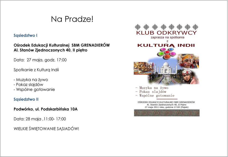 17:00 Spotkanie z Kulturą Indii - Muzyka na żywo - Pokaz slajdów - Wspólne