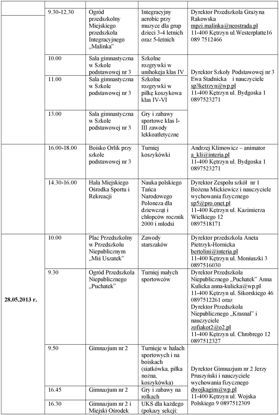 00 Sala gimnastyczna w Szkole Szkolne rozgrywki w unihokeja klas IV Szkolne rozgrywki w piłkę koszykowa klas IV-VI Gry i zabawy sportowe klas I- III zawody lekkoatletyczne 16.00-18.