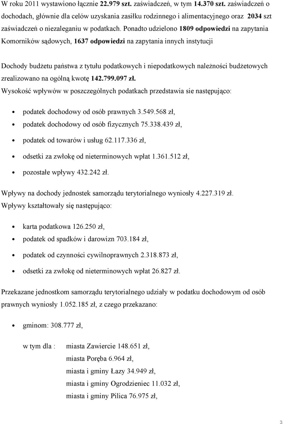 Ponadto udzielono 1809 odpowiedzi na zapytania Komorników sądowych, 1637 odpowiedzi na zapytania innych instytucji Dochody budżetu państwa z tytułu podatkowych i niepodatkowych należności budżetowych